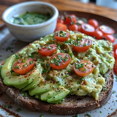 Keto-Friendly Toast with Avocado Spread and Cherry Tomatoes - Top-Down