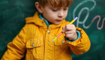 Young Boy Drawing with Colorful Chalk on a Blackboard, Creativity and Imagination Unleashed, Chalkboard Art, Kids Art, Creative Drawing, Child's Imagination, Artistic Expression, Early Learning