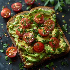 Top-Down View of Keto Toast with Avocado and Tomatoes - High-Quality 4K