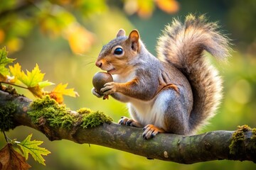 Fototapeta premium squirrel eat raw nut on tree branch in nature