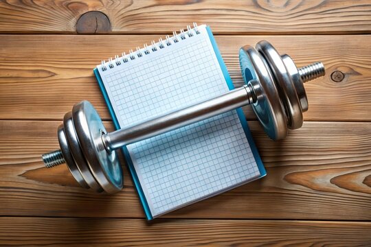 dumbbell on blank notebook. Planning fitness gym schedule