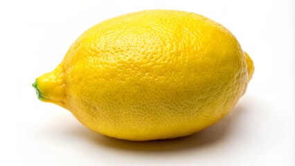 A bright yellow fresh juicy lemon with subtle green undertones and slight wrinkling on a clean white background.