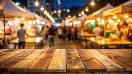 Isolated wooden table surface with blurred vibrant night market ambiance, providing ample space for product showcase and textual overlay.