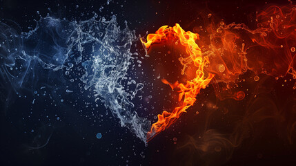 Fiery and icy heart surrounded by flames and water on dark background