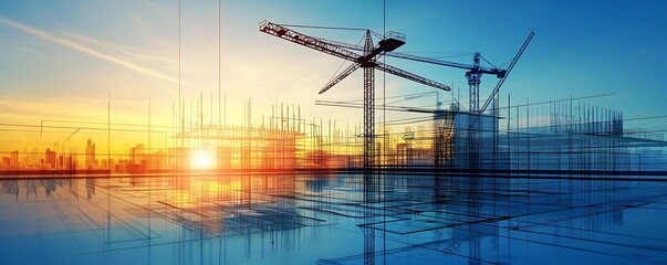Construction Site Illustration of Cityscape with Cranes at Sunset