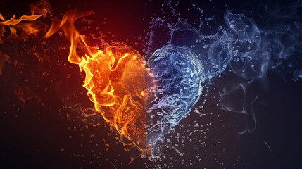 Fiery and icy heart surrounded by flames and water on dark background