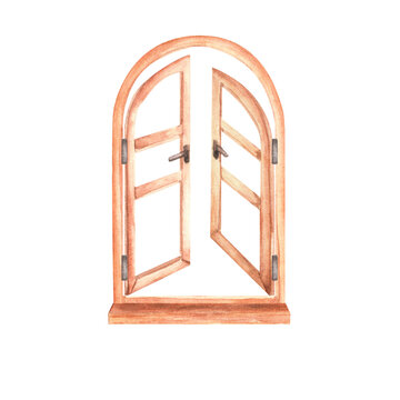 recommend clip art: Opened window with natural wooden frame. Interior design clipart. Rustic window with light brown wooden frame. Hand-drawn watercolor illustration.