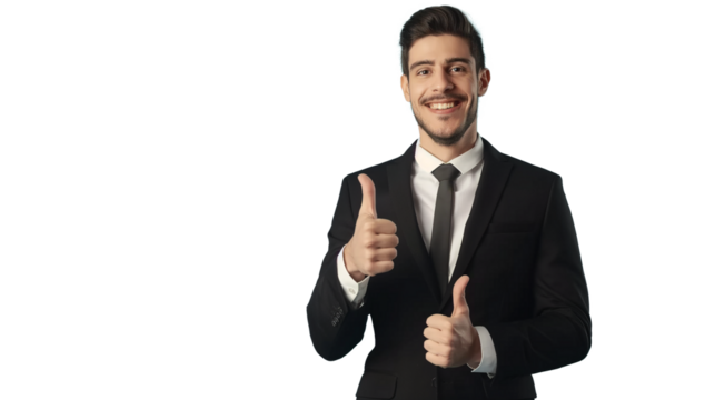 formal businessman giving thumb up like signal isolated transparency background 