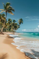A sandy beach with tall, swaying palm trees and turquoise water. Gentle waves lapping against the shore, with clear blue skies. 
