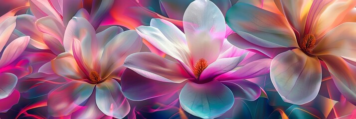 Fototapeta premium The floral background is vibrant and multicolored, with surreal petals in vivid hues, creating a beautiful design