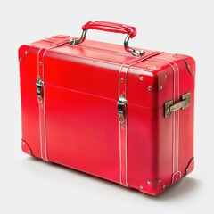 A bright red suitcase with metallic accents, isolated on a pure white background, ideal for summer vacation travel and luggage themes