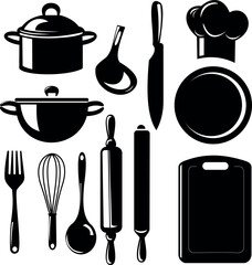 A set of kitchen utensils including knife, pan, chef hut, spoon, chopping board, spoon, fork, rolling pin, pan, pot 