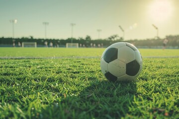 Fototapeta premium A soccer ball on a soccer field lies on the turf, close-up. Beautiful simple AI generated image in 4K, unique.