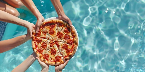 Top view of friends at a pool party with pizza summer vibes. Concept Pool Party, Summer Vibes, Top View, Friends, Pizza