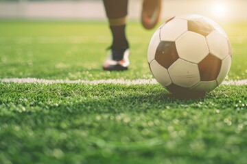 Fototapeta premium A soccer ball lies on the grass with out-of-focus soccer players in the background during a game. Beautiful simple AI generated image in 4K, unique.