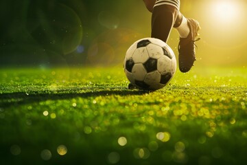 Naklejka premium Close-up of soccer ball lies on outdoor soccer field. Soccer game, sports equipment, outdoor sports. Generated by AI. Beautiful simple AI generated image in 4K, unique.
