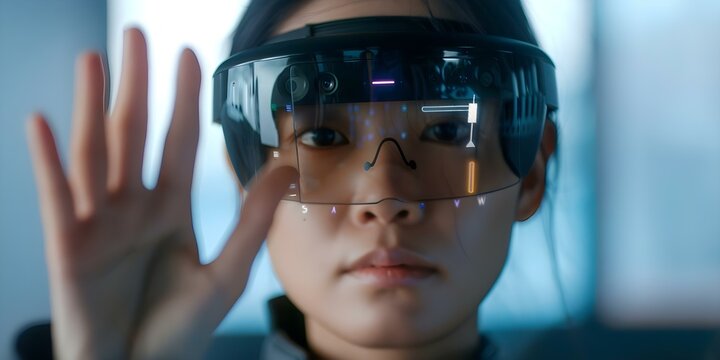Woman wearing AR glasses interacts with virtual objects in spatial computing metaverse. Concept Spatial Computing, Augmented Reality Glasses, Virtual Objects, Metaverse Interactions