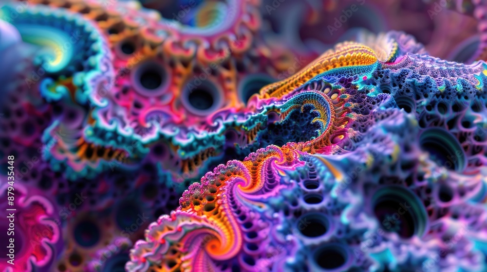 Poster vivid neon fractal art with colorful swirls in an abstract pattern is captivating for visually strik