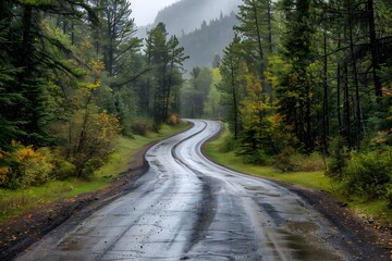 Fototapeta premium Serene Rainy Forest Road Winding Through Lush Greenery