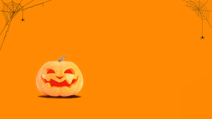 Halloween pumpkin smiles on orange background with spider web and copy space. Funny Jack o lantern Halloween background. 3d rendering.