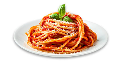Spaghetti in white plate isolated on transparent background.