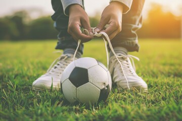 Obraz premium Close-up of a soccer player kicking the ball on a green field, emphasizing the action and intensity of the sport. . Beautiful simple AI generated image in 4K, unique.