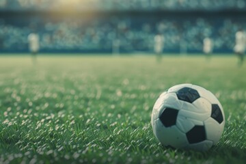 Fototapeta premium Close-up of soccer ball lies on outdoor soccer field. Soccer game, sports equipment, outdoor sports. Generated by AI. Beautiful simple AI generated image in 4K, unique.