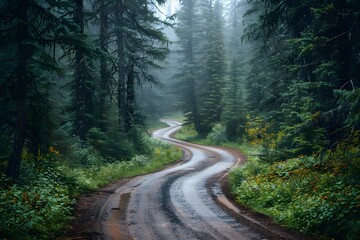Obraz premium Serene Winding Forest Road on a Misty Day