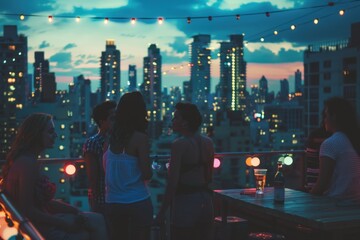 Young adults having a rooftop party at night, city skyline in the background, vibrant and fun atmosphere, Rooftop party, Urban nightlife