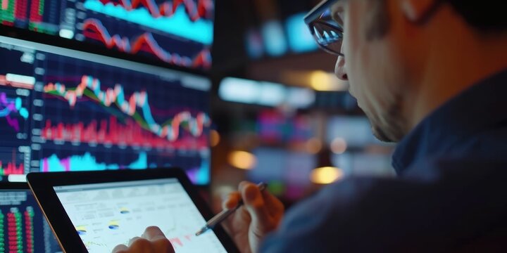 Close up of professional business man reading financial report by using tablet while making decision for investment. Skilled investor planning marketing strategy while checking at data analyze. AIG42.