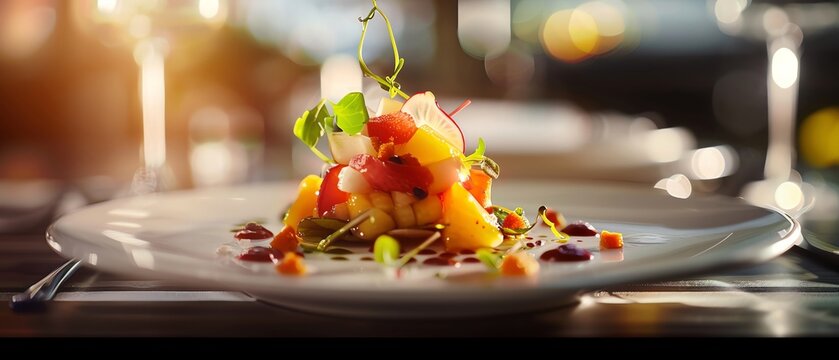 A realistic photo of a gourmet dish on a white plate