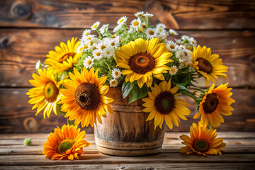 Vibrant bouquet of sunflowers and daisies in a rustic wooden vase on a distressed wooden table with a soft, natural light background.