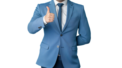 formal businessman giving thumb up like signal isolated transparency background 
