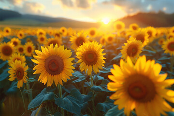 Fototapeta premium Sunflowers Shining in Sunset Glow. A Beautiful Evening Landscape