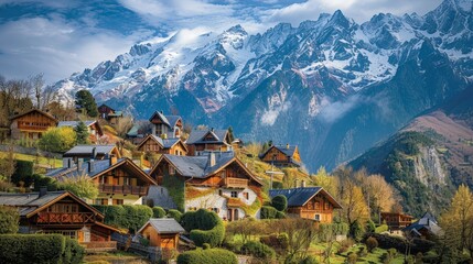 A picturesque mountain village, snow-capped peaks and charming cottages