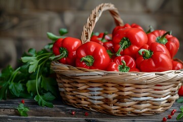 Fresh Red Bell Peppers in a Woven Basket