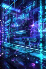 Obraz premium A sleek, transparent interface with floating holographic screens and controls, rendered in shades of blue and purple, with glowing accents