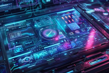 Obraz premium A sleek, transparent interface with floating holographic screens and controls, rendered in shades of blue and purple, with glowing accents