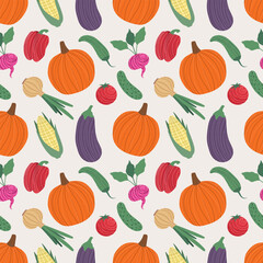 Vegetables seamless pattern. Pumpkin, eggplant, radish, cucumber, pepper on a beige background. Harvest time. Vector illustration for background, fabric, cover, wrapping paper, packaging