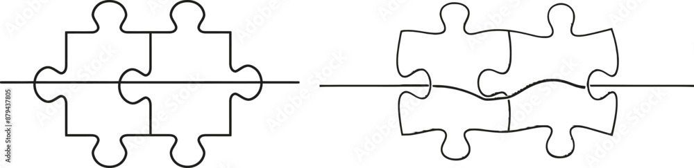 Aufkleber two connected puzzle pieces in one continuous line. modern illustration of a jigsaw puzzle element.