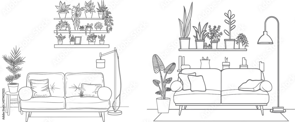 Poster modern scandinavian furniture couch drawn in simple linear style with potted plants and floor lamp. 