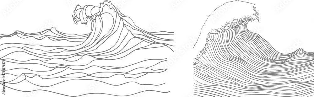 Fototapete an abstract landscape and concept for a surf club in a simple linear style on one continuous line. e