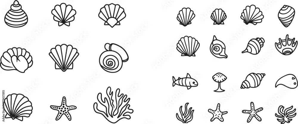 Poster modern minimalist outline icon featuring oyster mollusks, pearl corrals, and snail shells doodled in