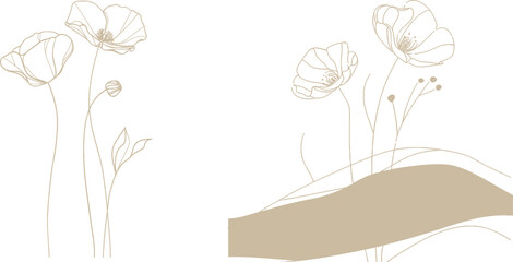 A smooth black line drawing of poppy flowers in a continuous line art style. Two flowers growing among grass. Minimalist black line drawing isolated on white background.