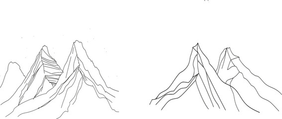 Fototapeta premium Mountain range landscape in simple linear style. Rocky peaks with snow and mounts isolated on white background. Doodle modern illustration.