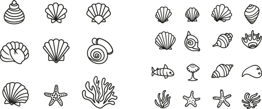 Modern minimalist outline icon featuring oyster mollusks, pearl corrals, and snail shells doodled in simple linear style.
