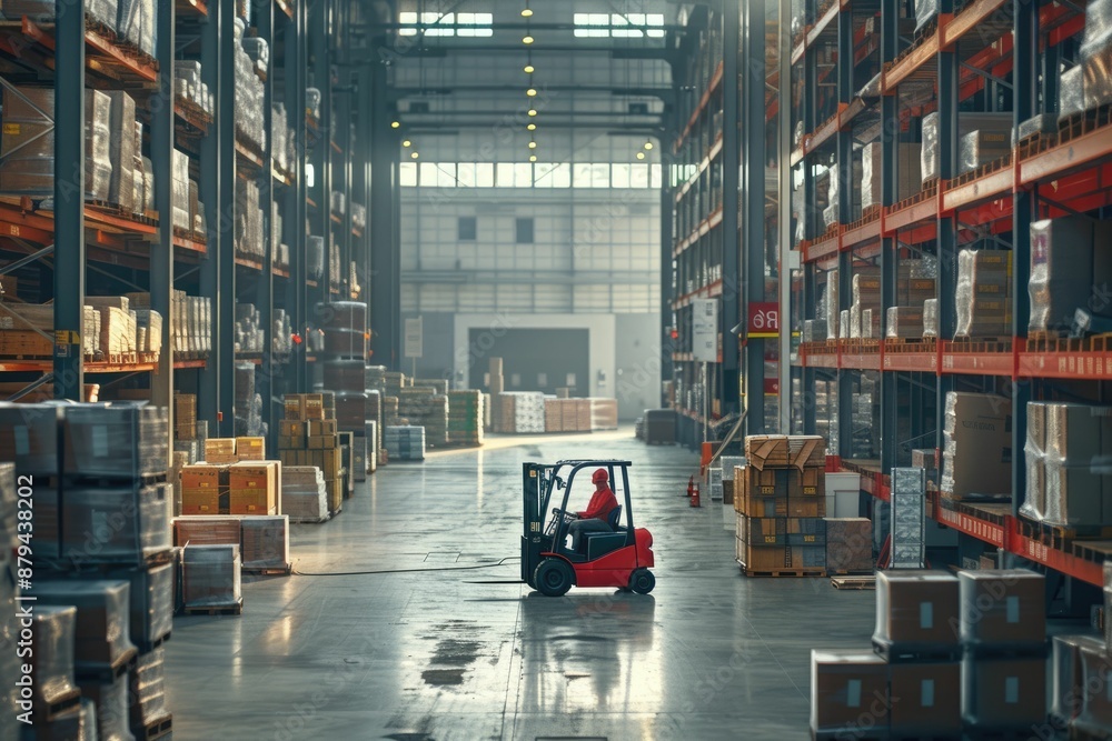 Poster smart warehouse worker or operator driving forklift and lifted product surrounded with box at storag
