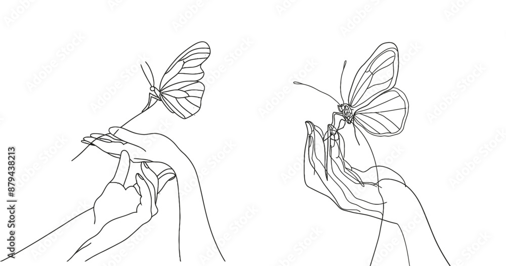 Poster in simple linear style, here is a hand holding butterfly in a beautiful flying position. beautiful f