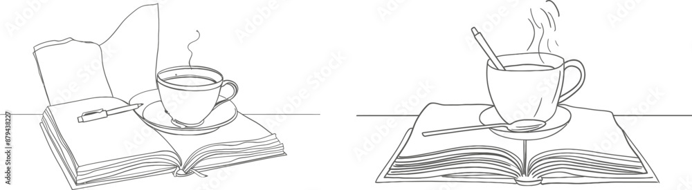 Leinwandbilder continual line drawing of a book, coffee, and pen. a diary and knowledge library concept is written 