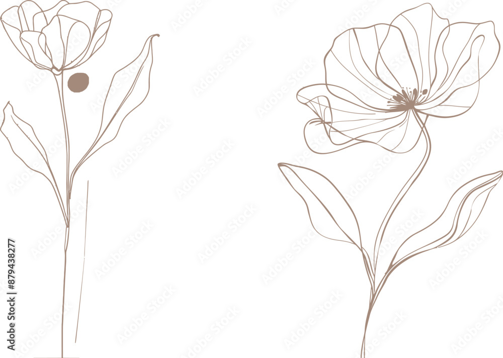 Poster a hand drawn continuous flower. a spring flower with leaves. a botanical decorative drawing element.